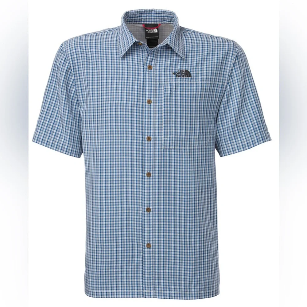The North Face Blue Short Sleeve Plaid Hiking Outdoors Pocket Shirt